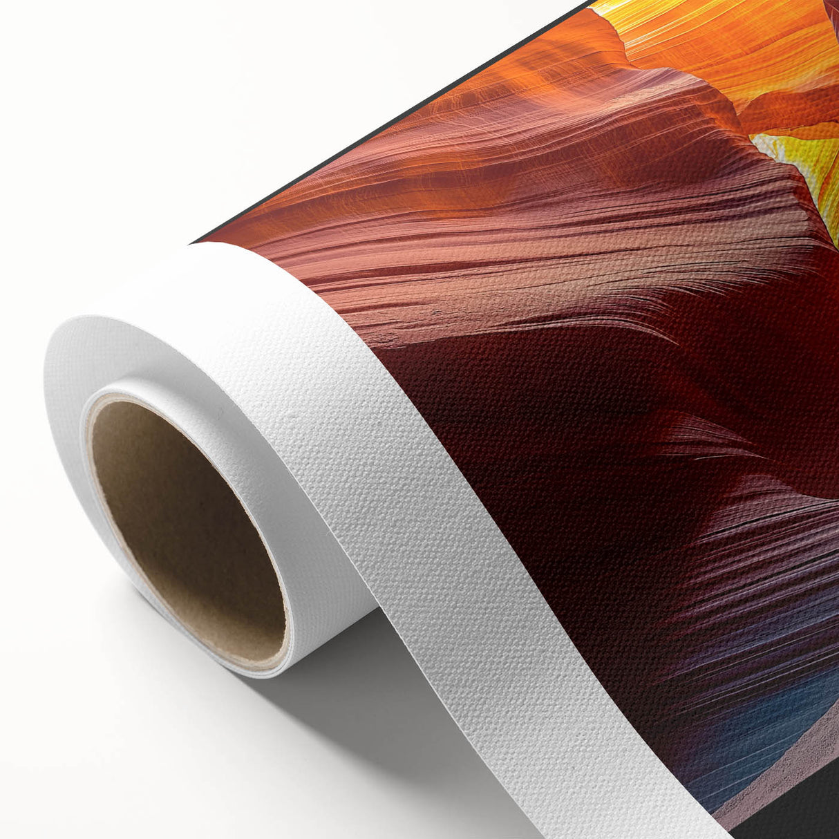 Vibrant rolled canvas showcasing a desert landscape art design with warm earthy tones, expertly packaged in a durable cardboard tube for safe transport.
