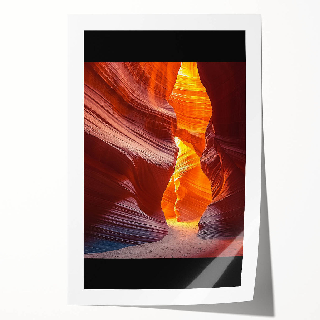 Vibrant rolled print of a desert landscape showcasing warm tones of orange and yellow sand dunes under a clear blue sky, ideal for home decor.