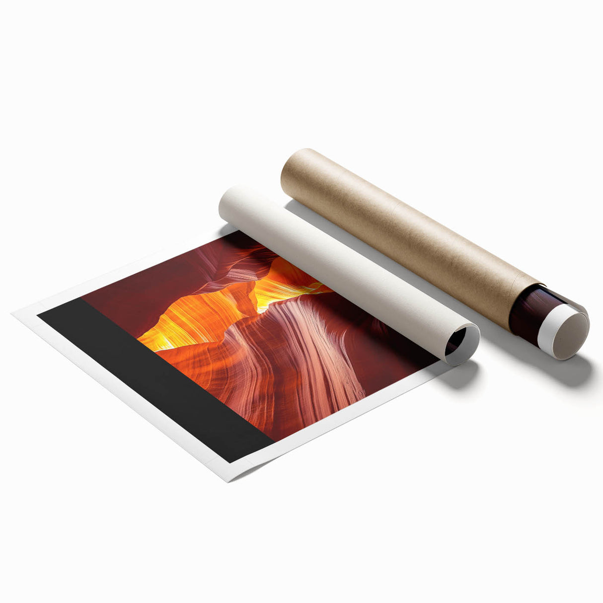 Desert landscape rolled print showcasing vibrant orange and yellow hues with textured details, elegantly packaged in a protective cardboard tube for art enthusiasts.