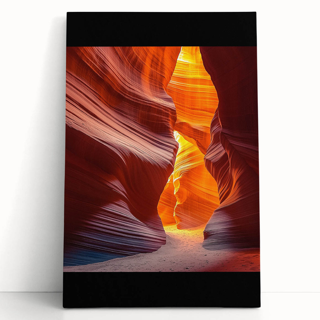 Stretched canvas artwork depicting a vibrant desert landscape with warm, earthy tones, showcasing rolling dunes and a dramatic sunset; perfect for home decor.