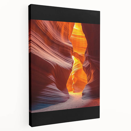 Desert landscape stretched canvas artwork showcasing warm hues of orange and yellow with a sun setting behind distant mountains, ideal for home decor.