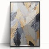 Large abstract wall art print featuring black and white geometric shapes, framed in black acrylic.