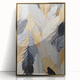 Mid-century modernist large art print featuring abstract elements in gold and black tones, framed acrylic.