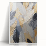 Mid-century modernist art featuring geometric shapes in muted gray and blue tones on a framed acrylic.