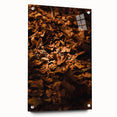Large abstract wall art depicting fall seasons in orange and brown tones on acrylic glass, ideal for dining room decor.