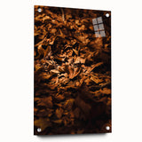 Large abstract wall art depicting fall seasons in orange and brown tones on acrylic glass, ideal for dining room decor.