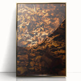 Mid-century modernist large art print of an abstract autumn scene in gold and orange tones, acrylic framed.