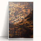 Art deco poster of fall trees in muted orange and brown tones, framed acrylic, ideal for modern art wall decor in a nursery.