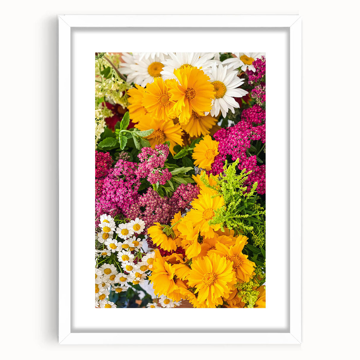Abstract art print featuring swirling spring hues in green and yellow on a white framed canvas, ideal for dining room decor.