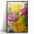 Large abstract wall art depicting spring themes in vibrant green and yellow, framed in black acrylic.