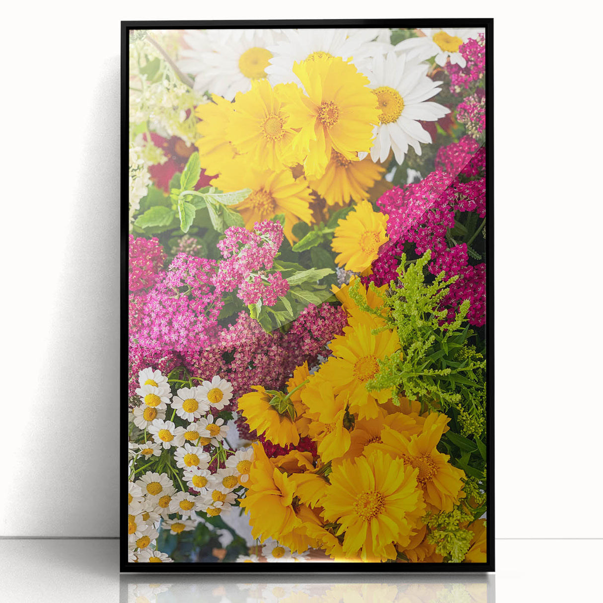 Large abstract wall art depicting spring themes in vibrant green and yellow, framed in black acrylic.