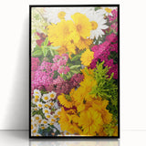 Large abstract wall art depicting spring themes in vibrant green and yellow, framed in black acrylic.
