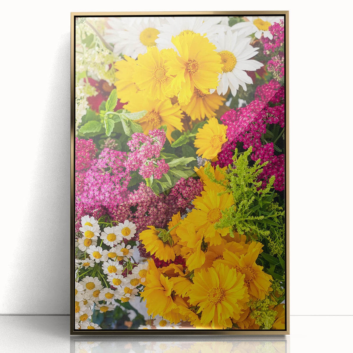 Large art print of a mid-century modernist spring scene in vibrant green and gold tones on framed acrylic.