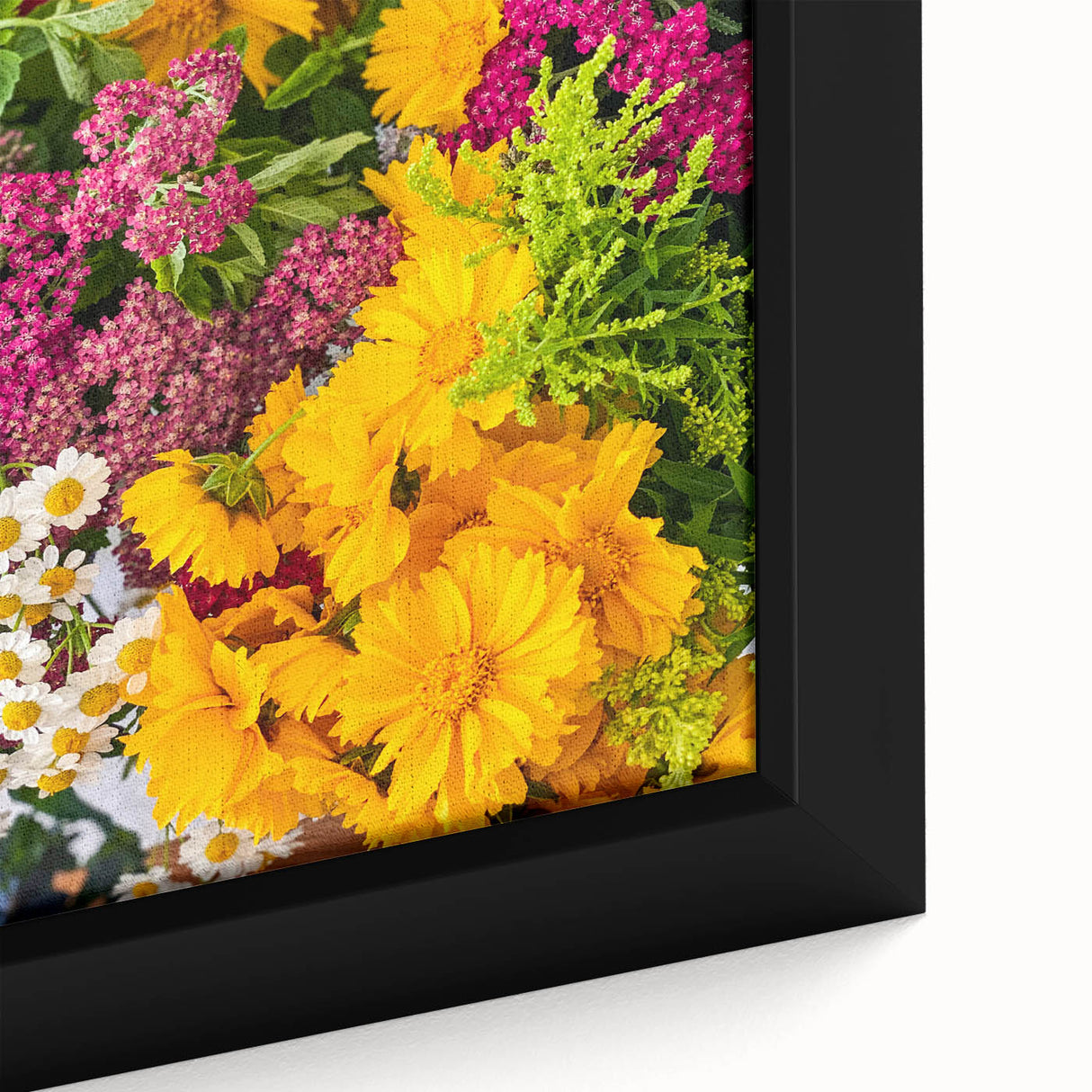 Close-up of a black wall art on framed canvas featuring textured, colorful abstract design, ideal for living room decor.