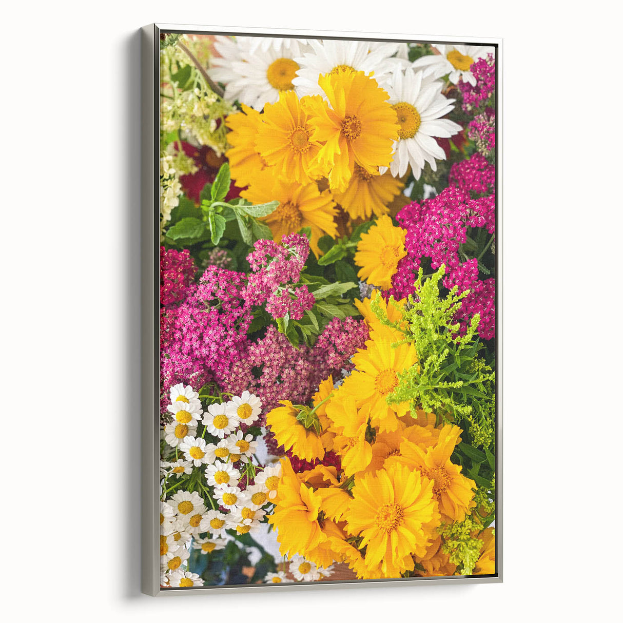 Framed canvas featuring a vintage landscape art painting with colorful foliage and a black background.