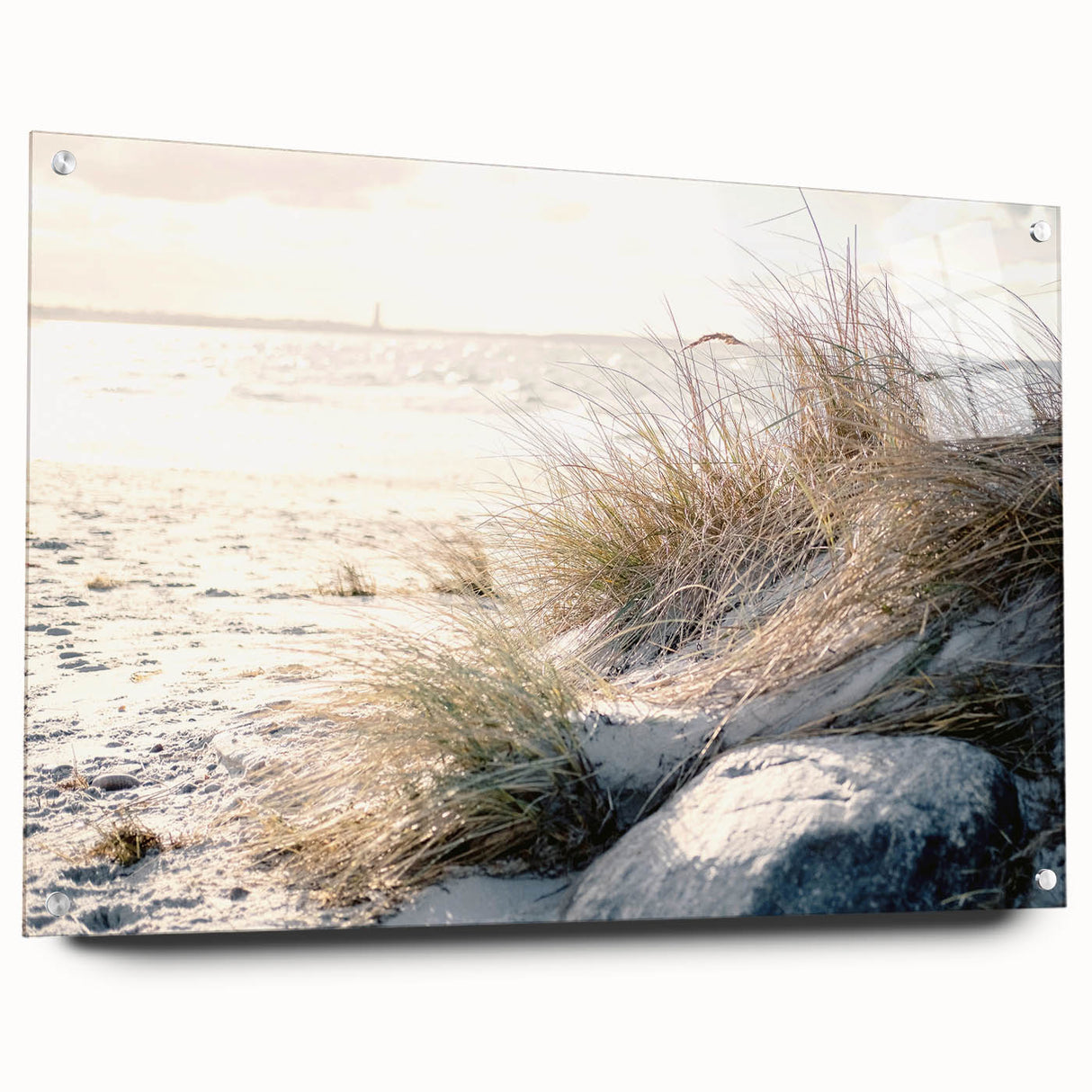 Large abstract wall art in vibrant blue and white tones on acrylic glass, suitable for bedroom or dining room decor.