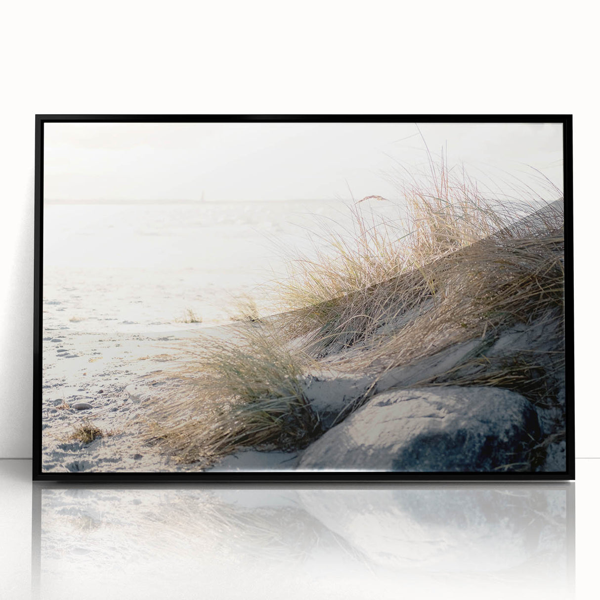 Large abstract wall art featuring swirling blue and orange hues on a framed acrylic print.