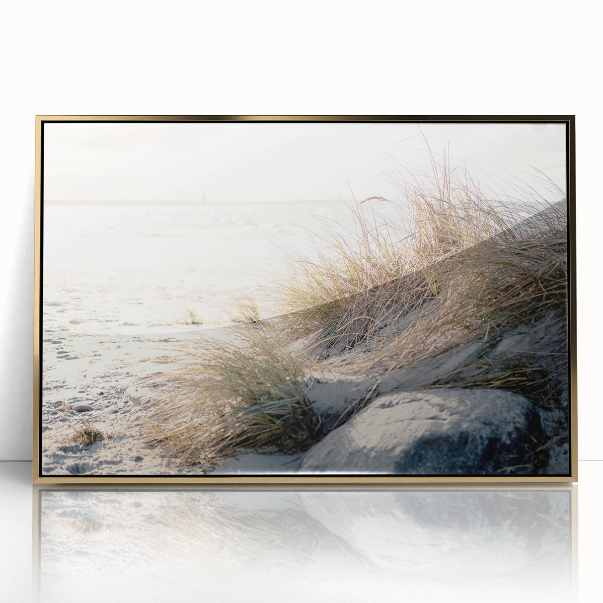 Large art print of a mid-century modernist summer scene in acrylic, featuring bold gold and blue tones.