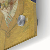 Large abstract wall art print on acrylic glass featuring vibrant, swirling blue and yellow hues.