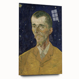 Large abstract wall art print of swirling blue and yellow hues on acrylic glass, suitable for bedroom or dining room decor.