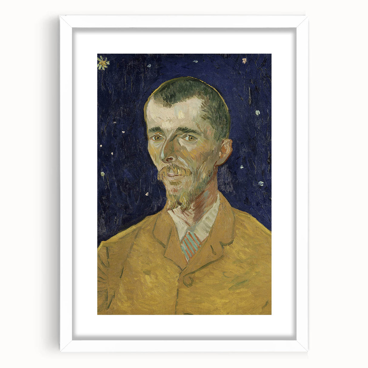 Textured abstract art print with swirling blue and yellow patterns on a white framed canvas, ideal for bedroom decor.