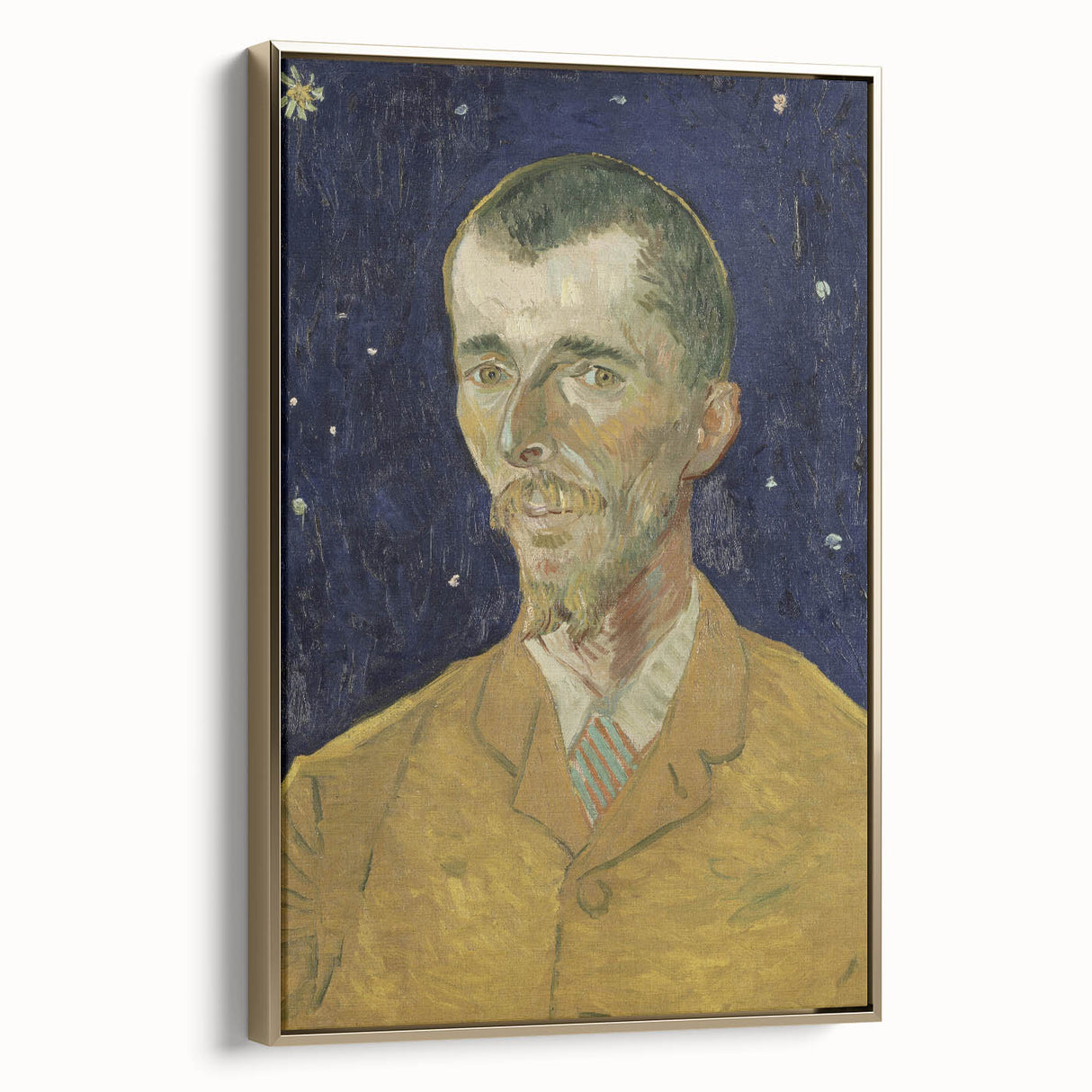 Side-view of a framed canvas depicting Van Gogh landscape in gold, black, and blue tones, ideal for bedroom wall art.