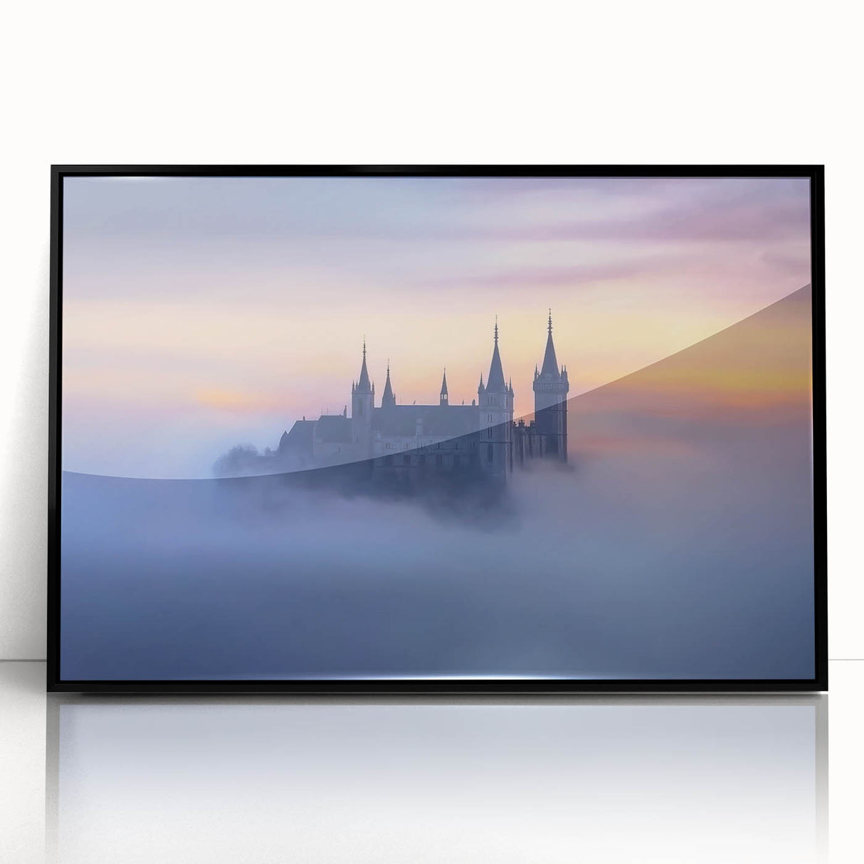 Framed acrylic artwork depicting a serene landscape with a majestic castle, showcasing vibrant colors and intricate details, perfect for home decor enthusiasts.