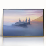 Framed acrylic artwork depicting a picturesque landscape with a majestic castle, surrounded by vibrant greenery and a clear blue sky, adding elegance to any room decor.