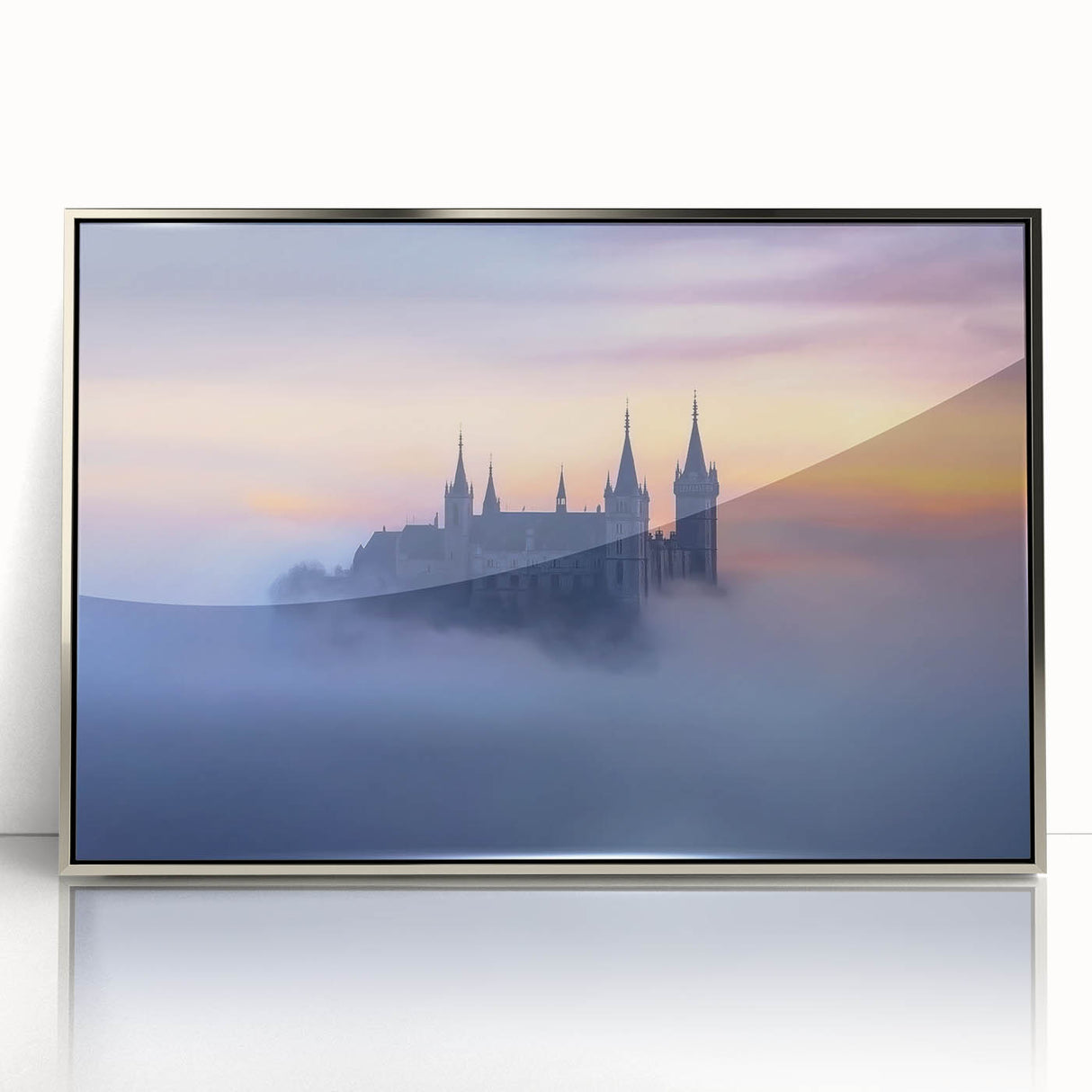 Framed acrylic artwork showcasing a stunning landscape of a castle, featuring vibrant colors and intricate details, perfect for home decor or gallery display.
