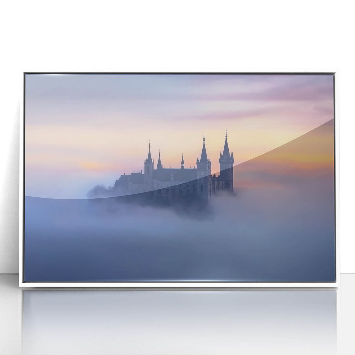 Framed acrylic landscape artwork depicting a majestic castle surrounded by lush greenery, set in a white frame, perfect for home decor.