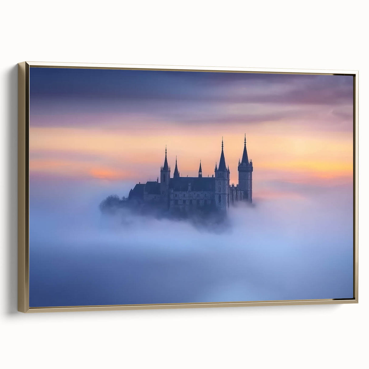 Framed canvas artwork depicting a majestic castle landscape, featuring a gold frame and intricate details. Ideal for enhancing home decor with an elegant touch.