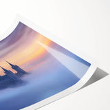 Rolled print showcasing a serene landscape with a majestic castle surrounded by lush greenery, ideal for home decor, emphasizing elegance and tranquility.