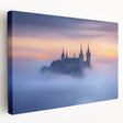 Stretched canvas artwork depicting a serene landscape with a majestic castle, vibrant colors, and intricate details, perfect for home decor enhancement.