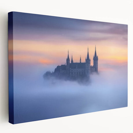 Stretched canvas artwork depicting a serene landscape with a majestic castle, vibrant colors, and intricate details, perfect for home decor enhancement.