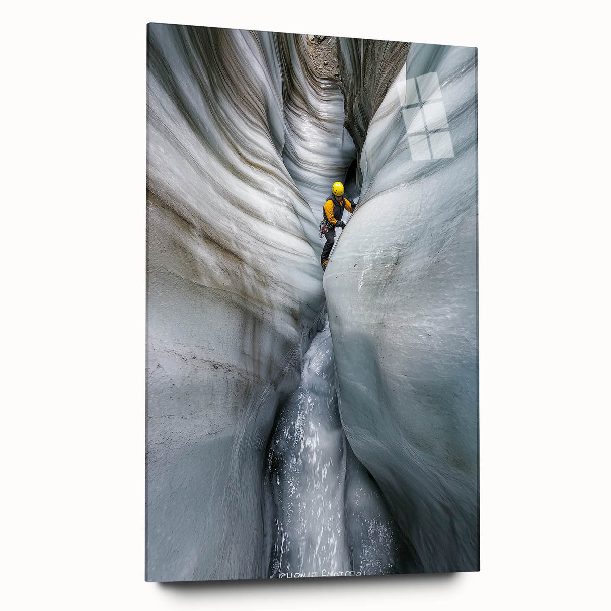 Acrylic landscape wall art depicting a serene cave view with vibrant colors, set in a sleek glass frame, perfect for modern home decor.