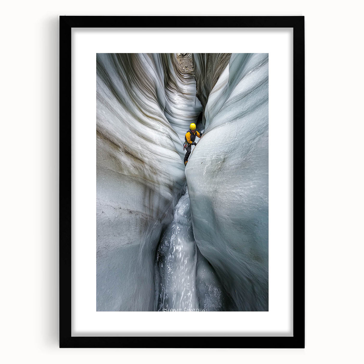 Framed landscape artwork showcasing a cave scene with intricate details, featuring a black mat, ideal for home decor and enhancing interior aesthetics.