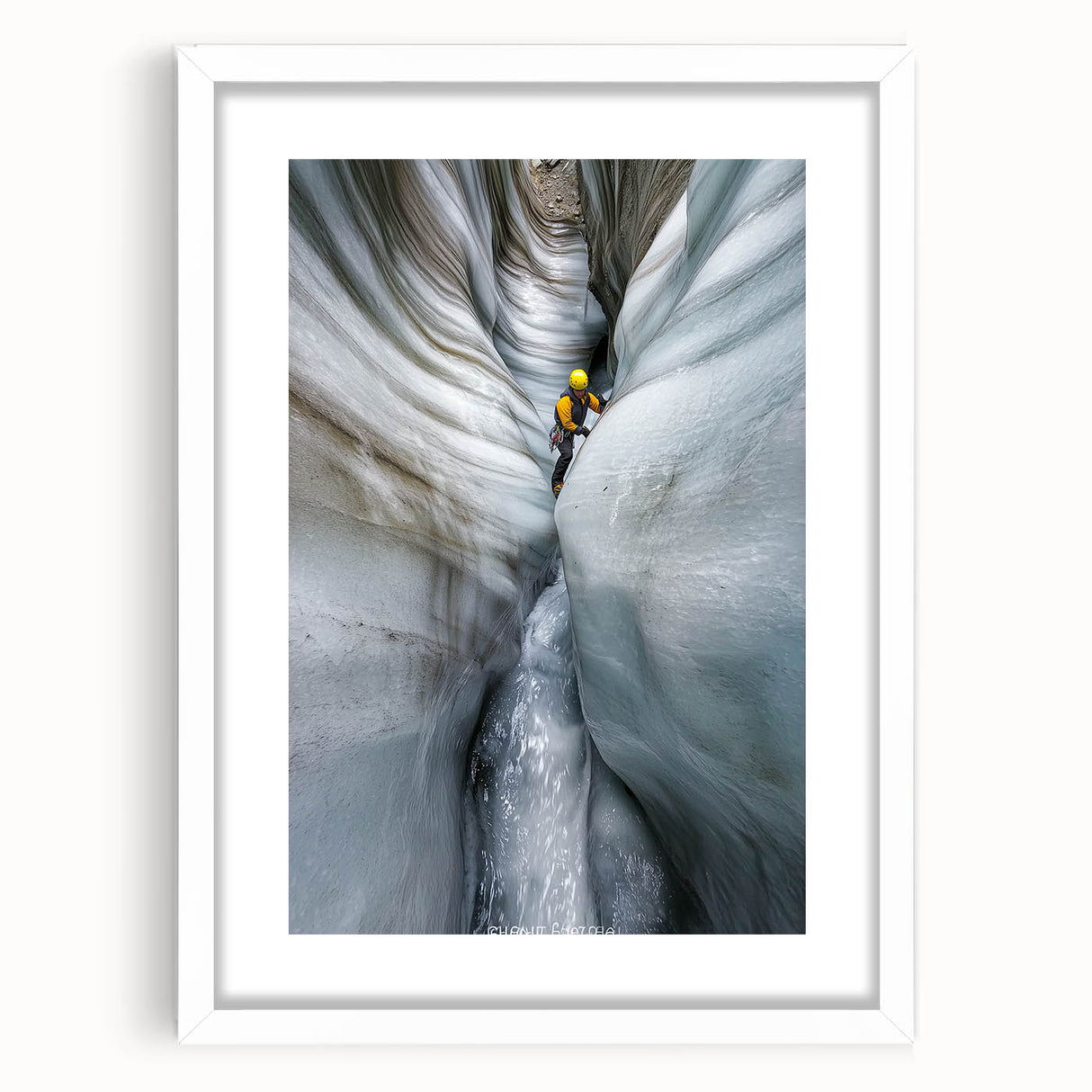 Framed landscape artwork depicting a serene cave scene, featuring a white mat for an elegant finish, ideal for home decor or art enthusiasts. The image showcases intricate details and natural colors, enhancing any living space with its calming presence.