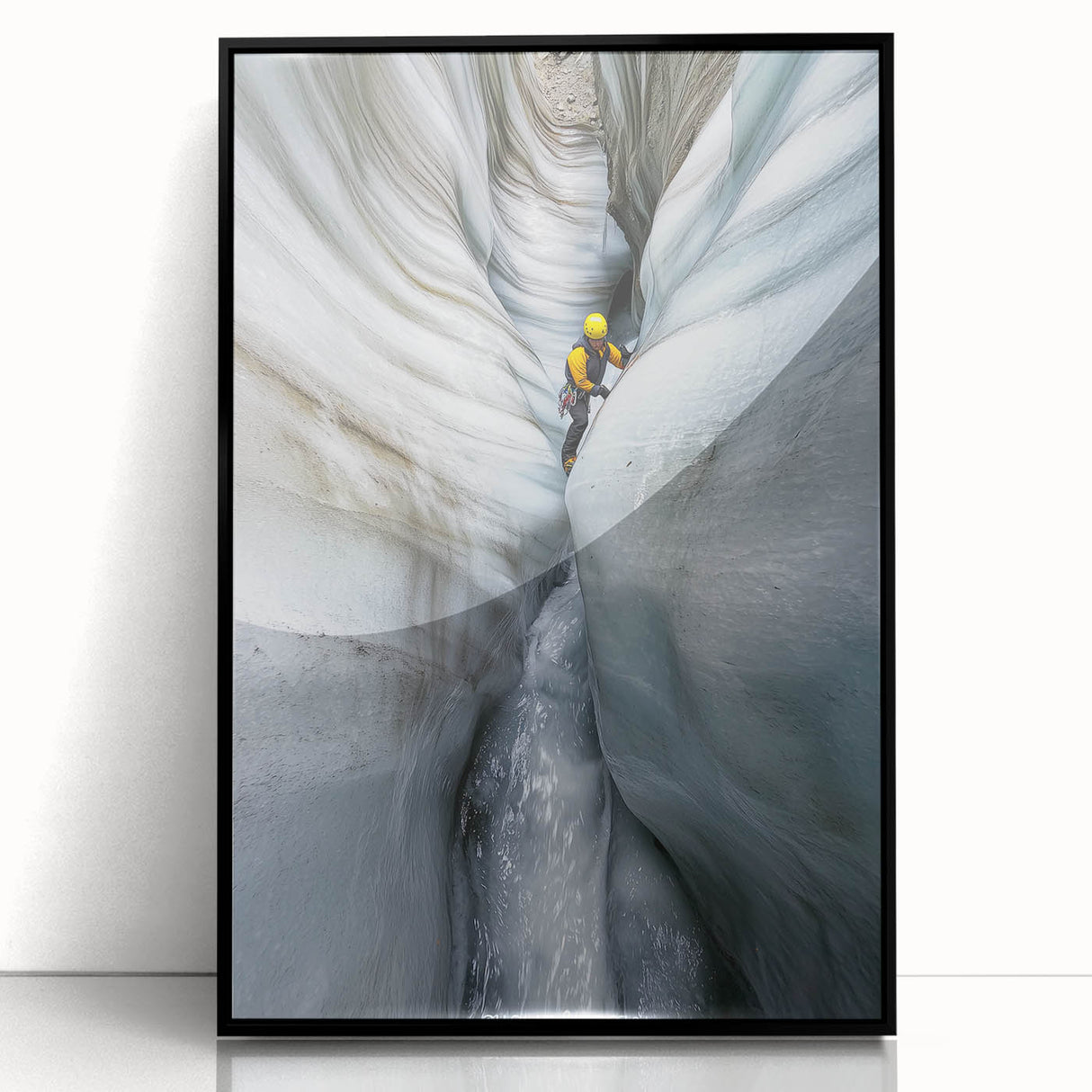Framed acrylic artwork showcasing a stunning cave landscape in rich earth tones, featuring intricate details and a sleek black frame, ideal for home decor.