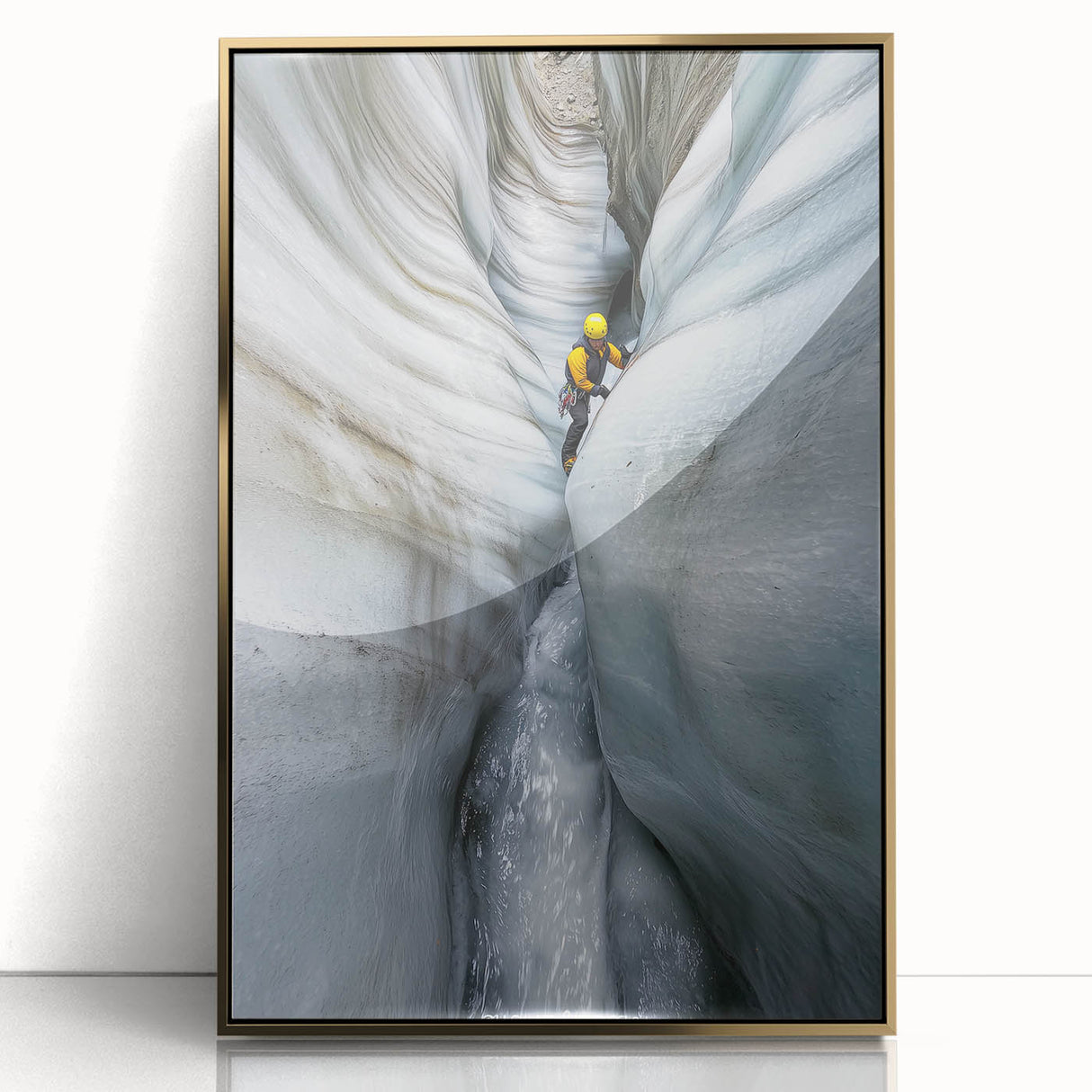 Framed acrylic artwork titled "Landscapes Caves," featuring a vibrant gold front view that highlights intricate cave formations and natural textures, ideal for modern home decor.