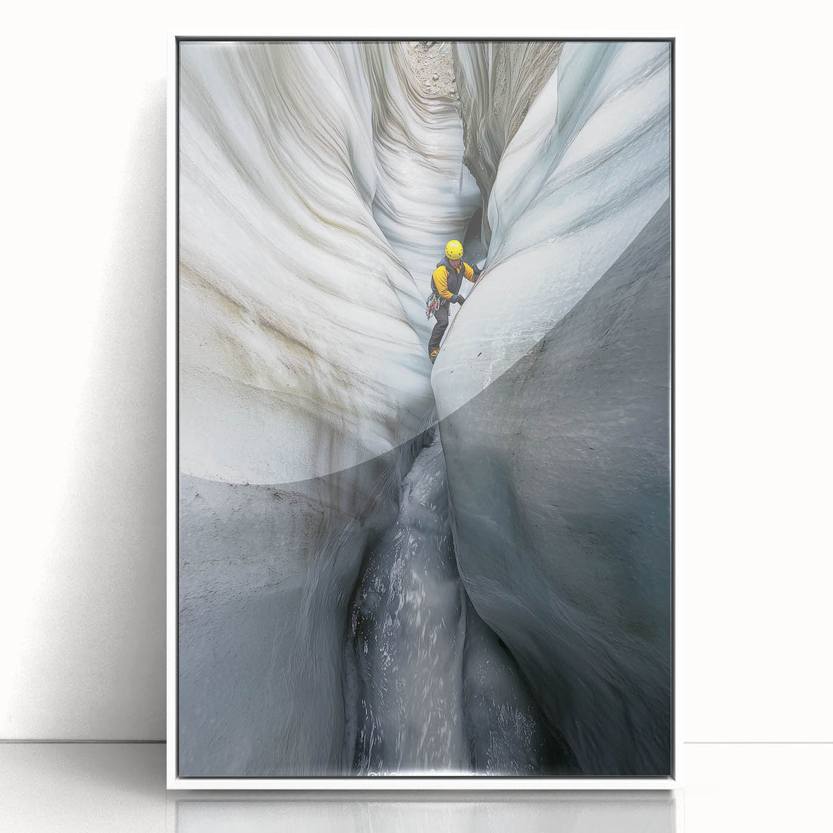 Framed acrylic artwork depicting a serene landscape with caves, showcasing earthy tones and intricate details, designed to elevate interior decor and ambiance.