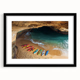 Framed landscape art print showcasing dramatic cliffs against a serene sky, featuring a sleek black frame with a white mat, perfect for home decor.