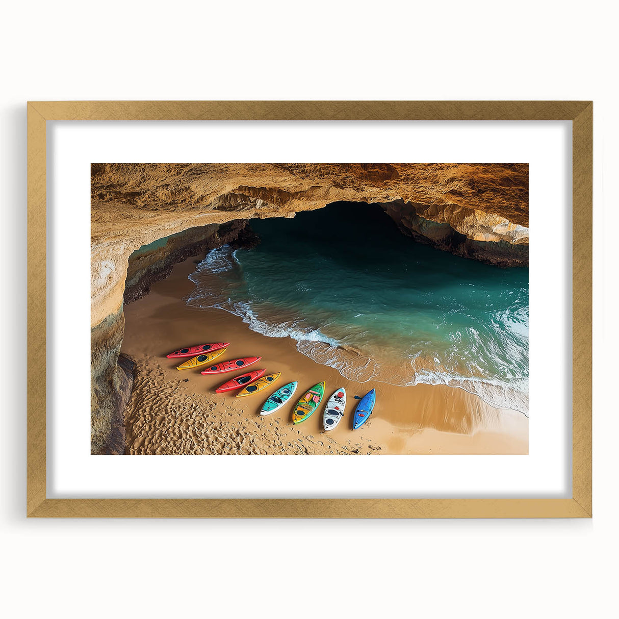 Elegant gold-framed landscape artwork showcasing dramatic cliffs and serene skies, perfect for enhancing modern home decor. Ideal for nature-inspired interiors.