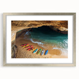 Silver-framed landscape art print featuring dramatic cliffs with a mat border, ideal for enhancing modern home decor, available in various sizes.