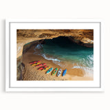 Framed landscape artwork depicting majestic cliffs in vibrant colors, surrounded by a white mat, showcasing a front view ideal for home or office decor.