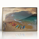 Framed acrylic artwork depicting a stunning cliff landscape in gold tones, showcasing intricate details and vibrant colors, perfect for modern home decor.