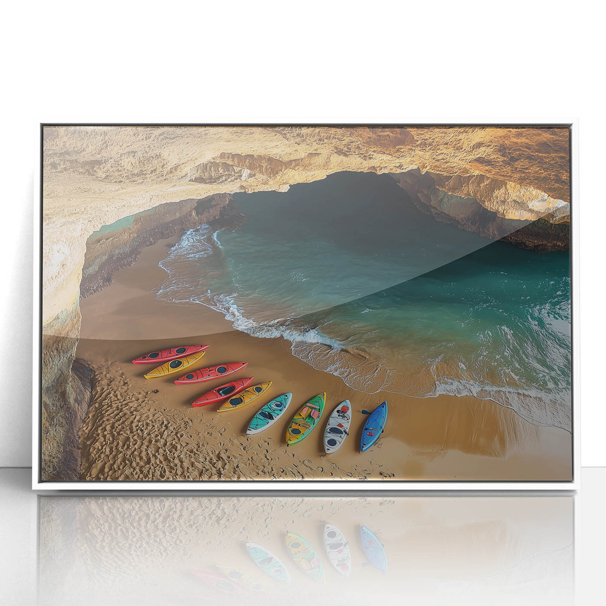 Framed acrylic landscape artwork depicting rugged cliffs and serene ocean views, featuring a sleek white frame, perfect for modern home decor. Ideal for nature lovers.