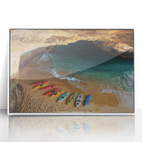 Framed acrylic landscape artwork depicting rugged cliffs and serene ocean views, featuring a sleek white frame, perfect for modern home decor. Ideal for nature lovers.