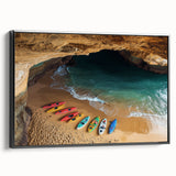 Framed canvas artwork showcasing a breathtaking cliff landscape, featuring vibrant colors and intricate details, viewed from the side with a sleek black frame.