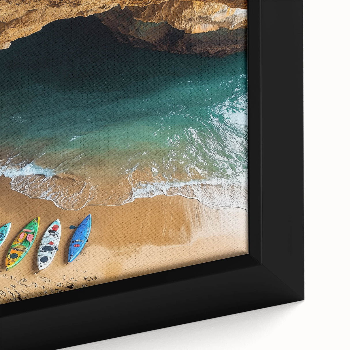 Close-up of a framed canvas artwork depicting dramatic cliffs and vibrant landscapes, showcasing intricate textures and colors, perfect for home decor.