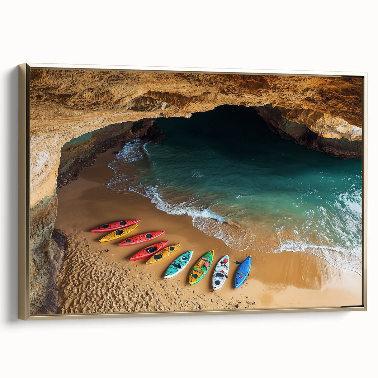 Framed canvas artwork depicting a stunning landscape with dramatic cliffs and golden accents, showcased from a side view, enhancing any modern decor.